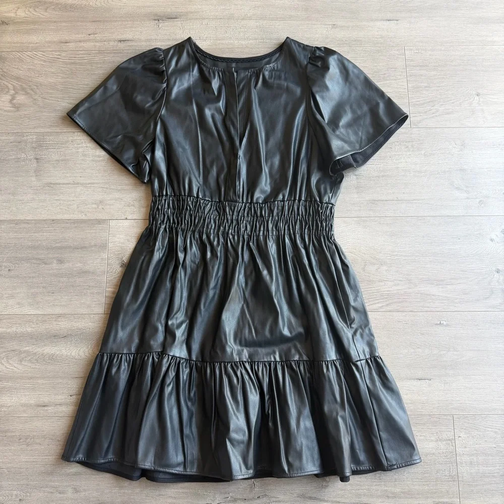 By Anthropologie The Somerset Vegan Leather Mini Dress - black - size medium